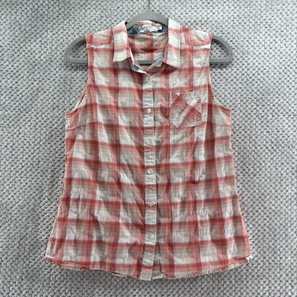 Prana Top Women S Orange White Plaid Button Front Shirt Sleeveless Gorpcore Hike